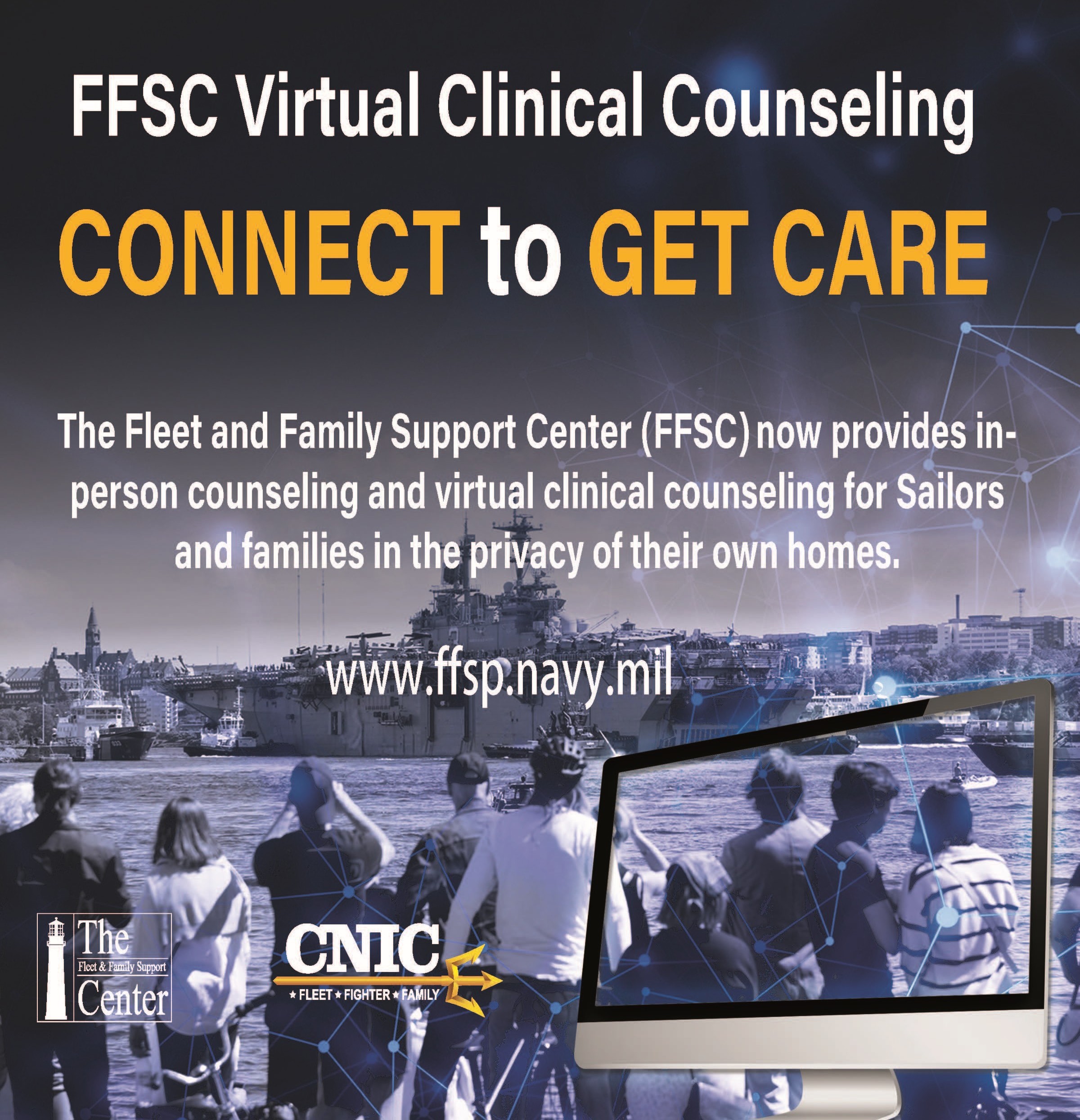 Square photo with people looking at a navy ship. Advertises FFSC Virtual Clinical Counselor contact at ffsp.navy.mil