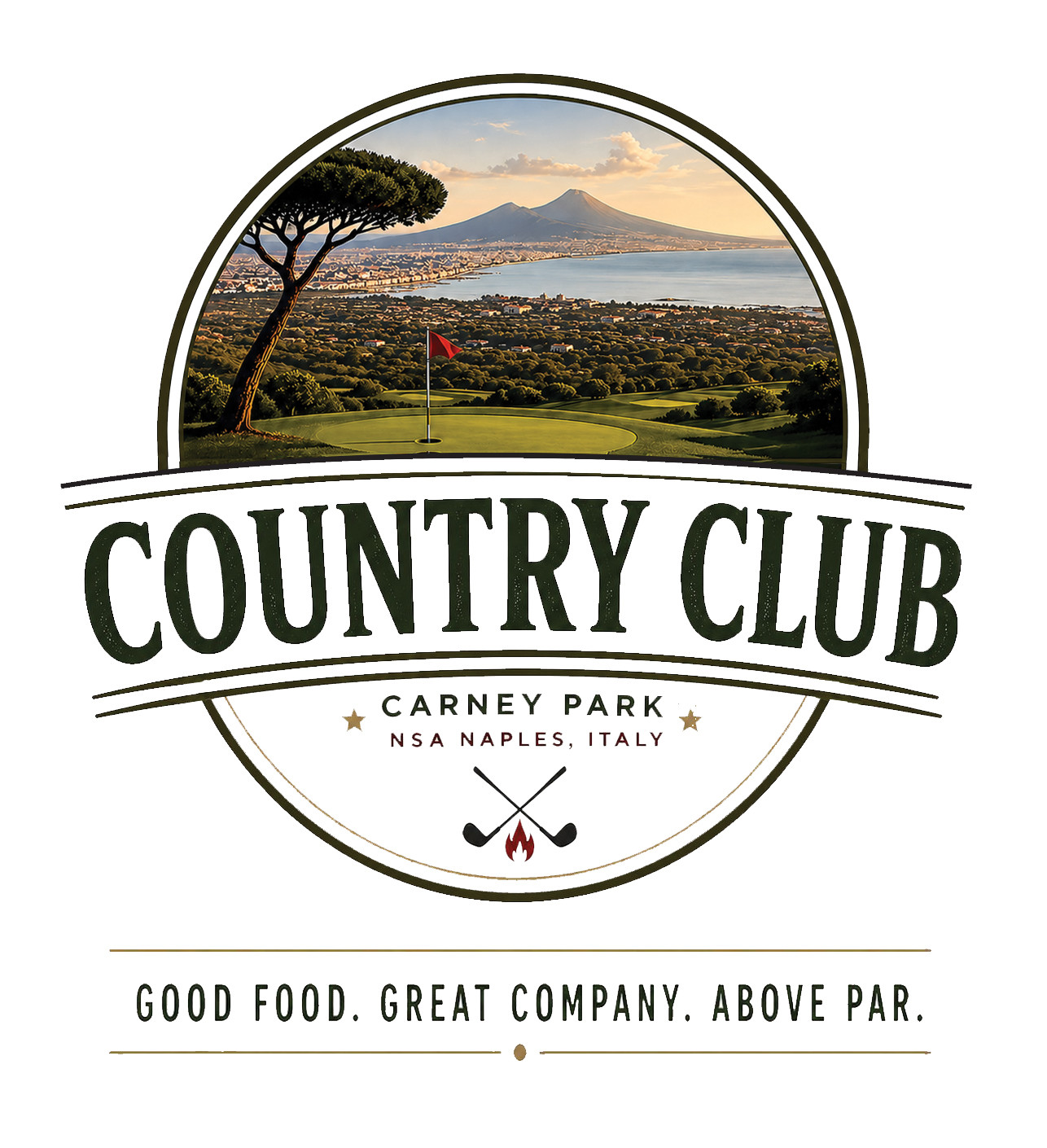 Logo. Circle with Mt. Vesuvius photo in middle and clubs under this writing: Country Club - great food, great company, above par.