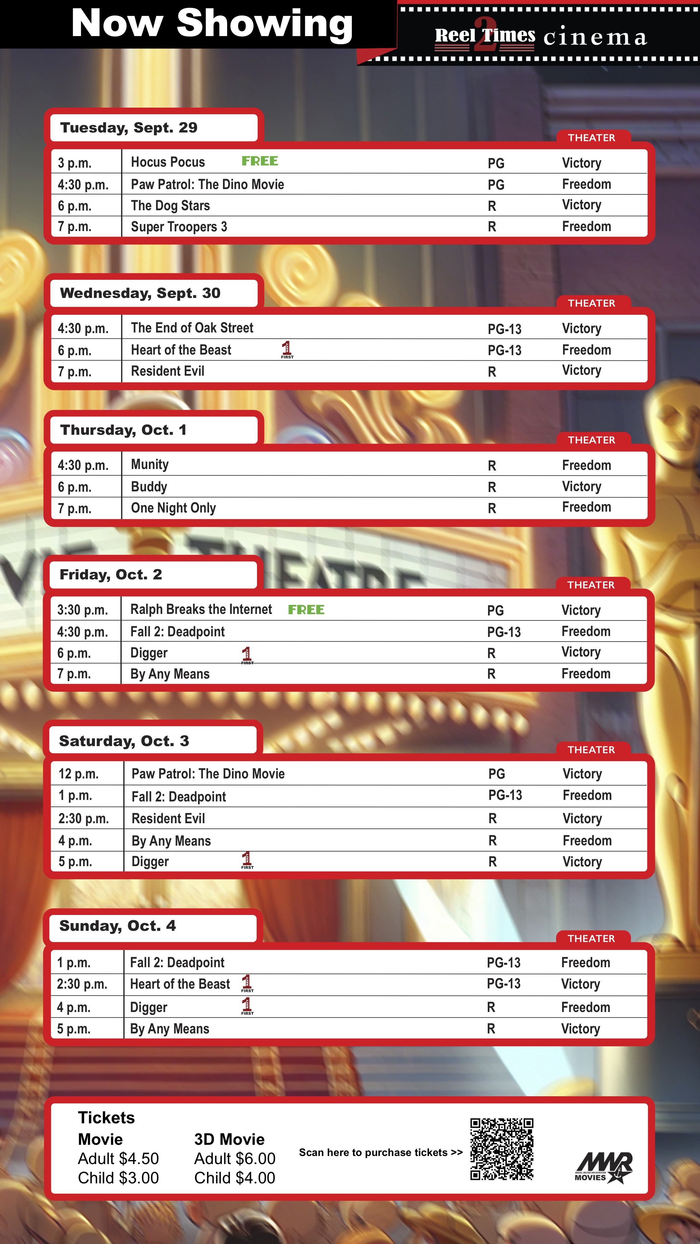 Movie schedule for Sept. 29-Oct. 4
