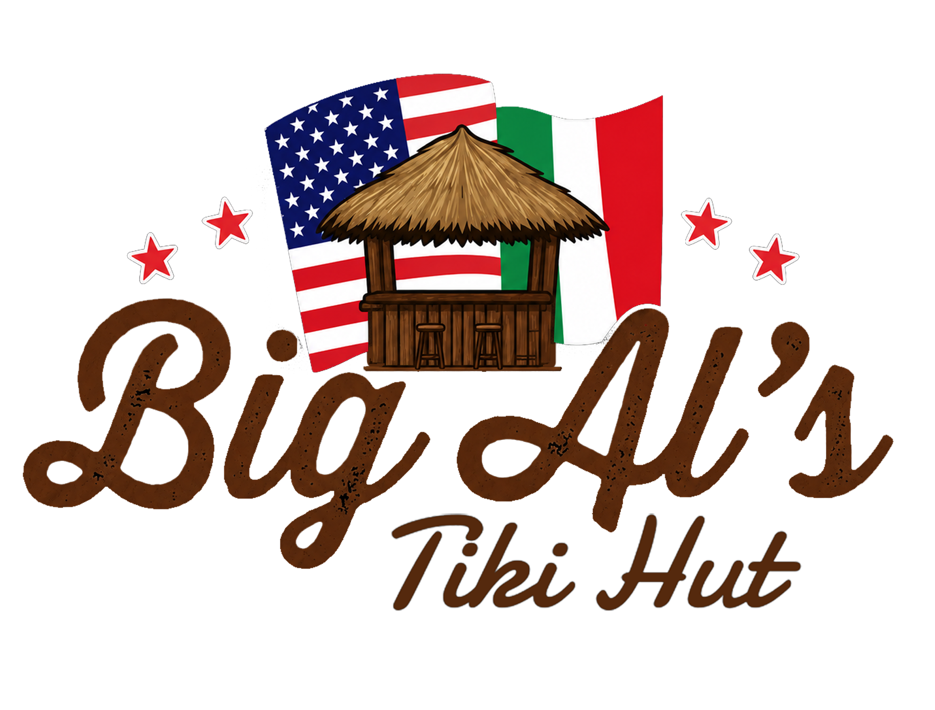 Logo: US and Italian flags behind a hut and writing that says Big Al's Tiki Hut